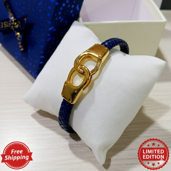 Bracelet menotte cuir bleu Or plaqué inoxydable